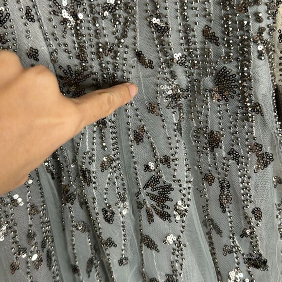 Mac Duggal EMBELLISHED V NECK LONG SLEEVE A LINE GOWN in platinum blue size 12 - Picture 16 of 16